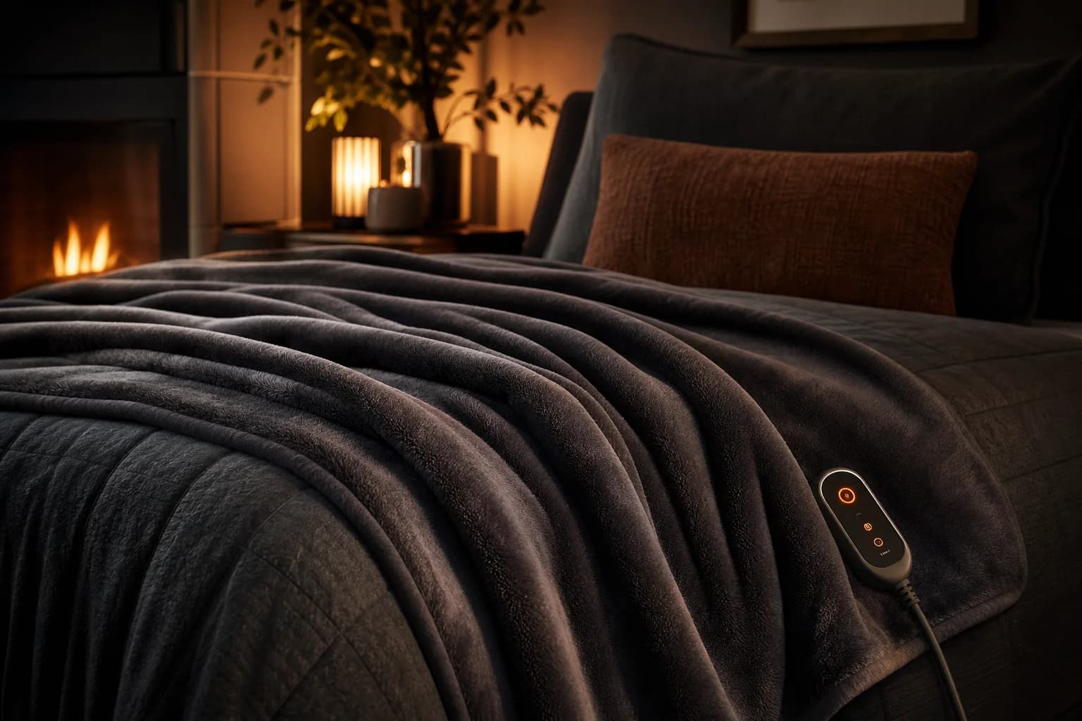 Flannel heated blanket draped over a bed in warm evening light