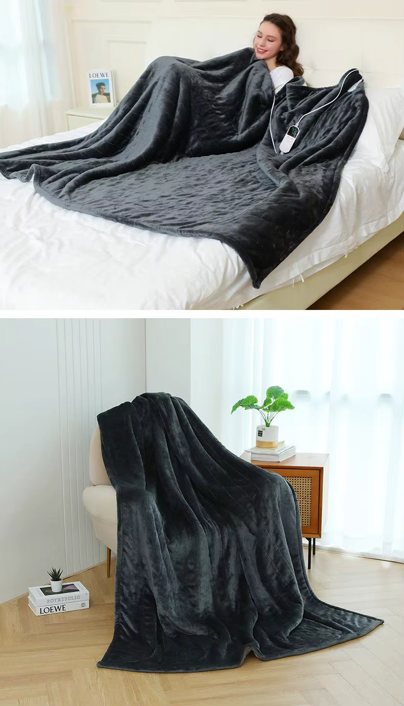 Flannel electric heated blanket shown in use