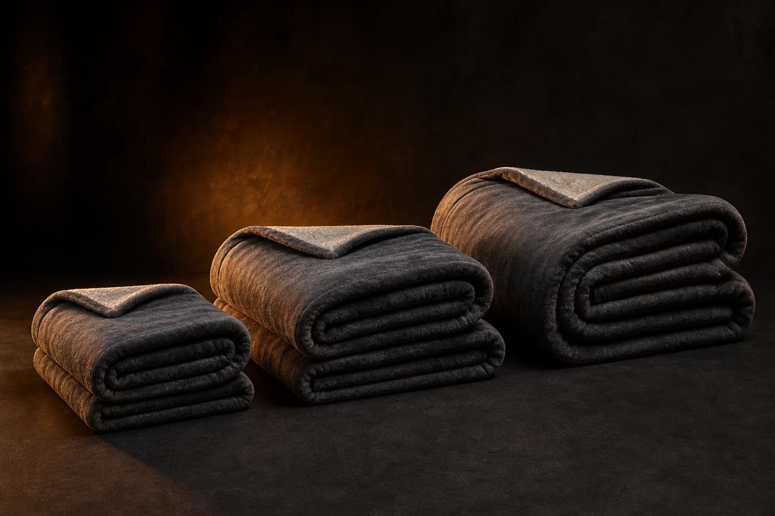 Three folded Coza heated blankets in ascending sizes on a dark surface