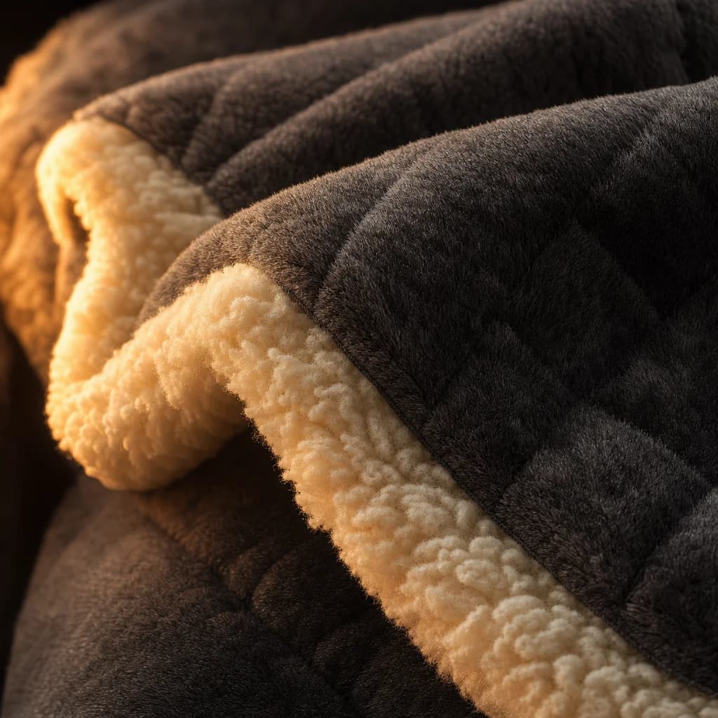 The Coza heated blanket draped over a sofa arm at dusk