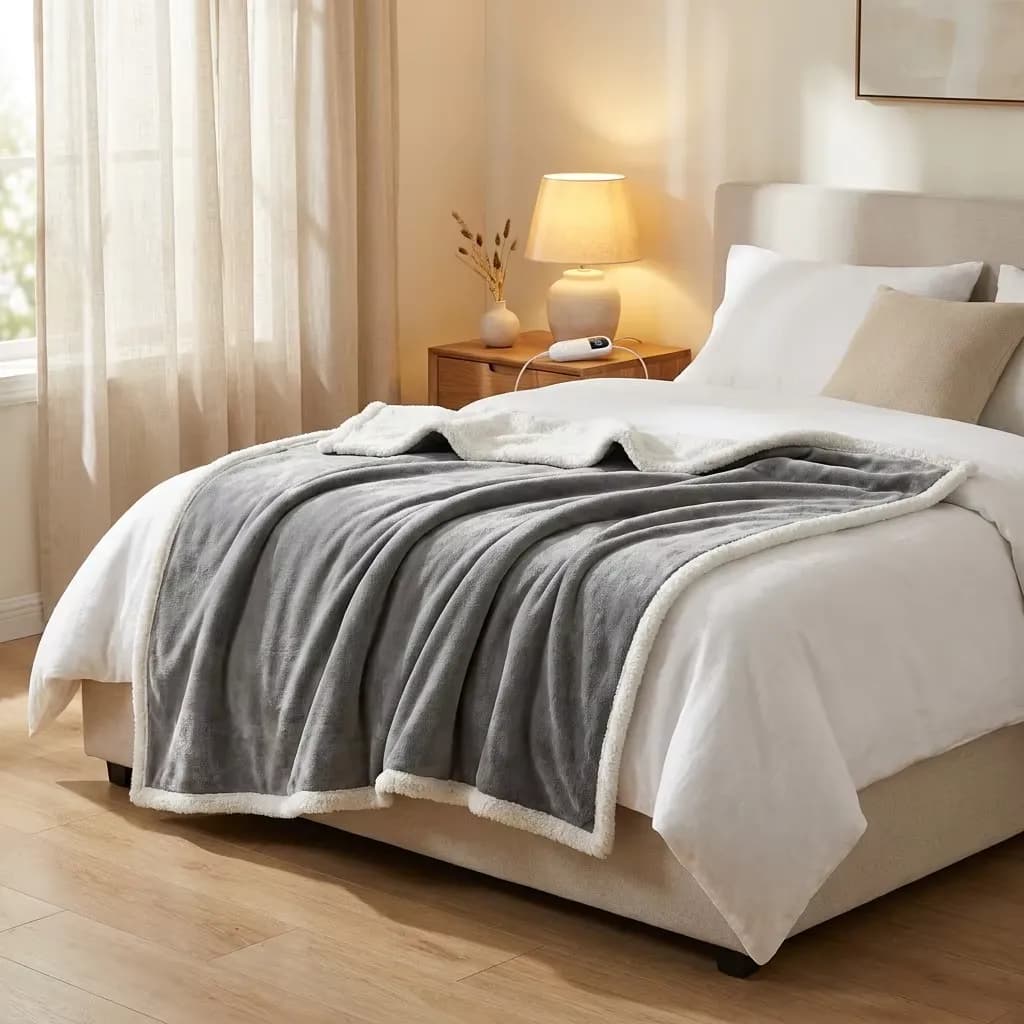 Coza heated blanket laid over a made bed in warm lamplight