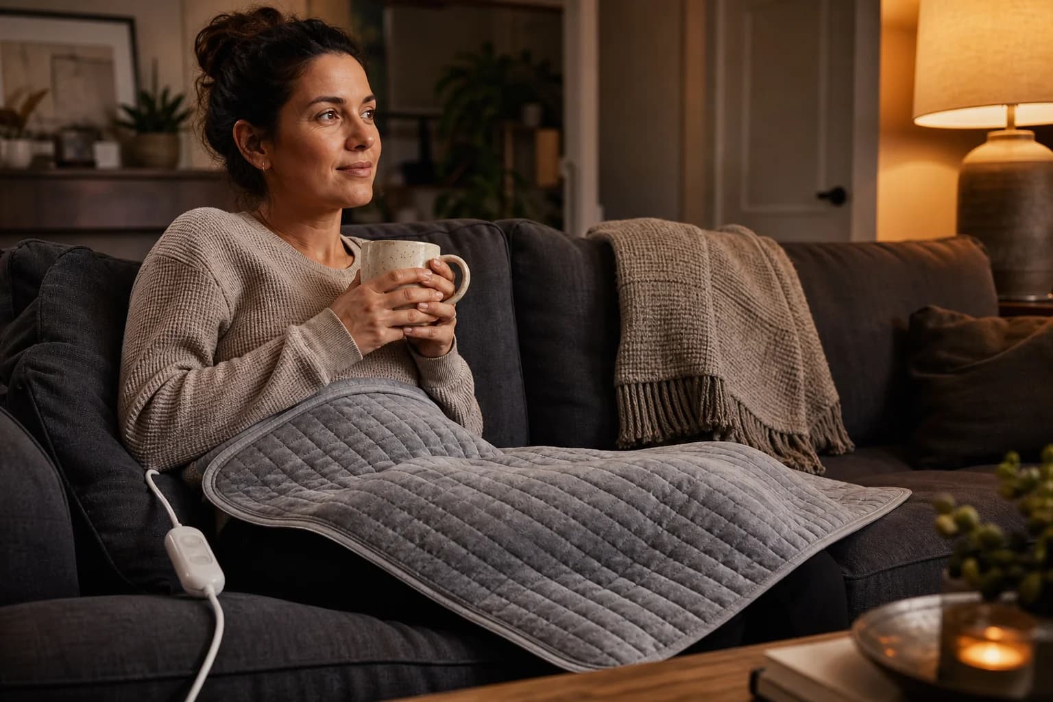 Quilted heating pad draped across a lap on a sofa in warm evening light